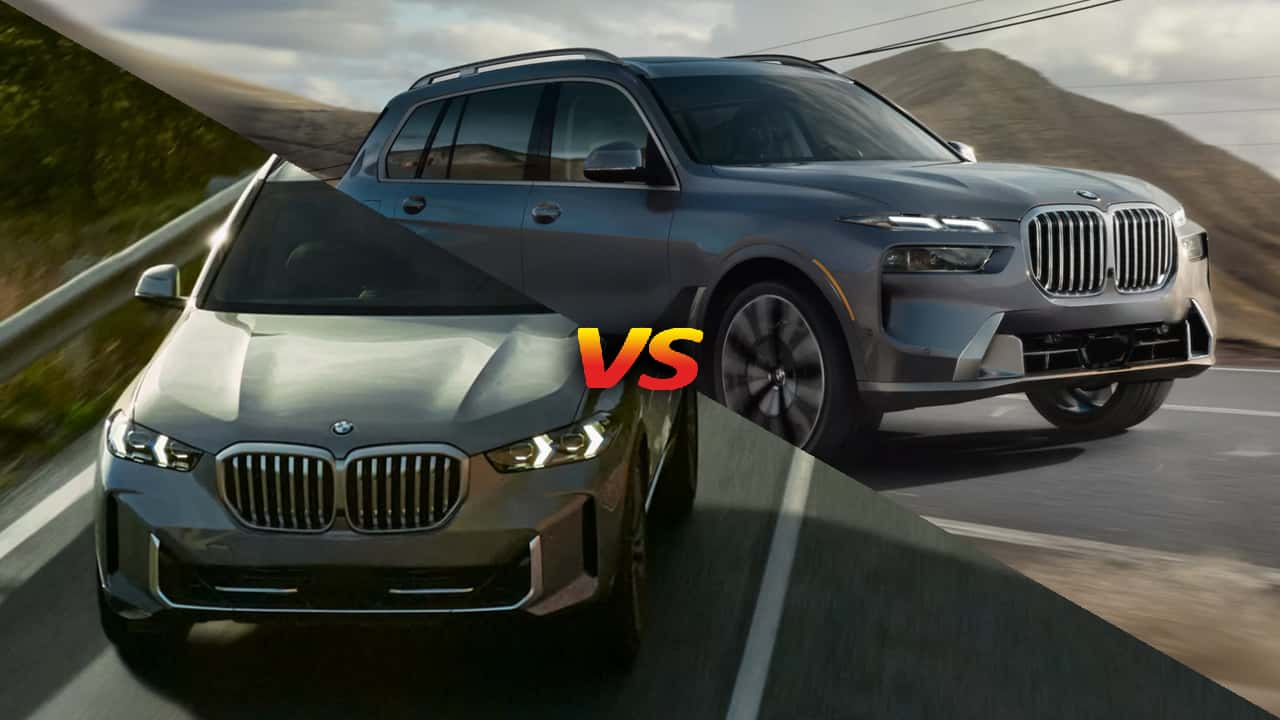A side-by-side image comparison of the 2026 BMW X5 vs 2026 BMW X7