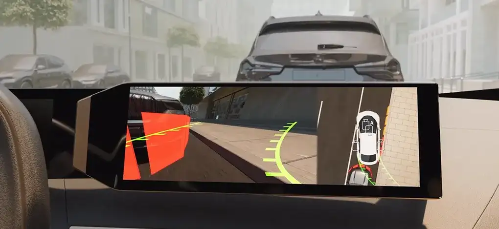 3D surround view of the 2027 BMW X1 on the control display while parking
