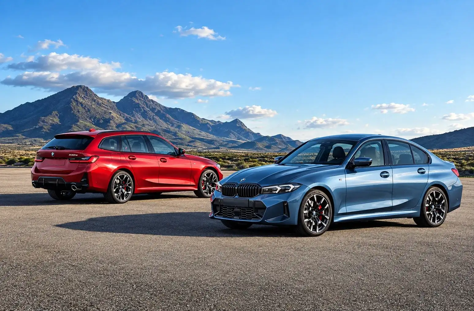 2026 BMW 3 Series M Sport sedan in blue parked beside a red 330e, the compact luxury sport sedan covered in this buyer guide from BMW of Fort Walton Beach