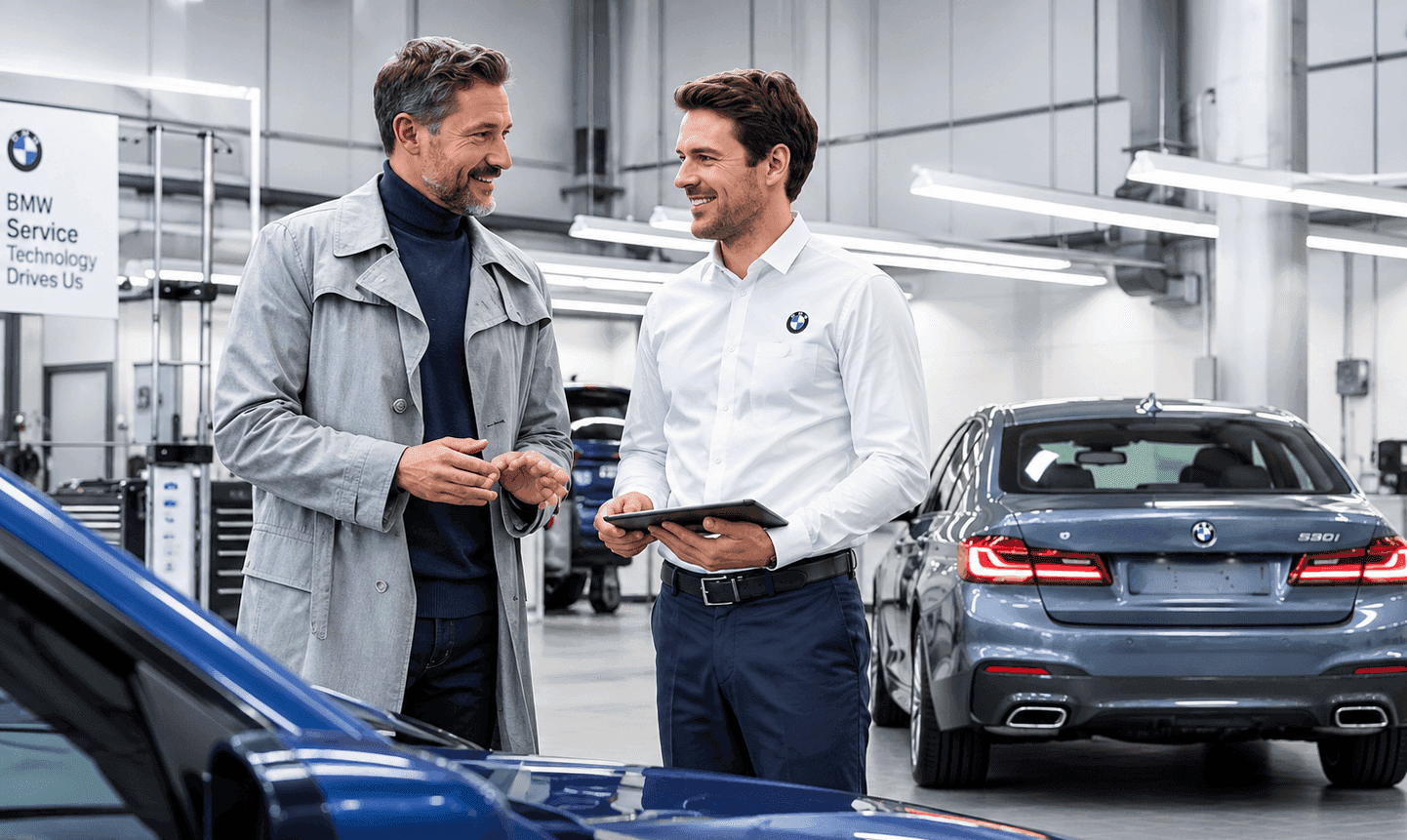 A BMW service advisor with a tablet talking to a customer in the workshop, a gray BMW 5 Series behind them