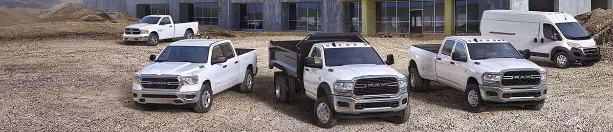 Ram commercial fleet lined up at a construction site