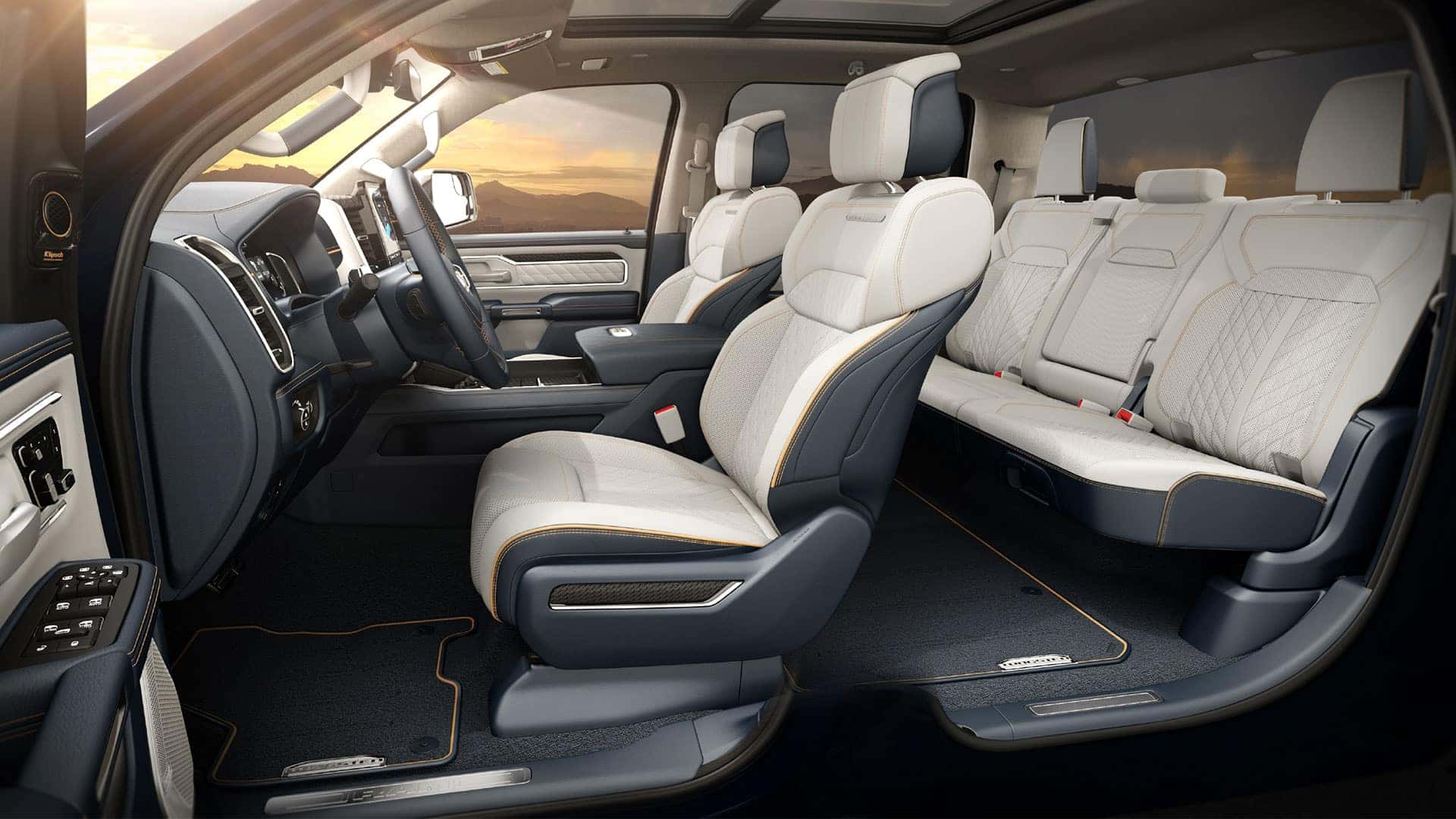 2025 RAM 1500 REV Tungsten trim showcasing the interior with luxury seating and technology