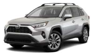 A silver 2020 RAV4 is facing left.