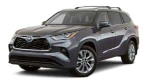 A dark grey 2020 Toyota Highlander Hybrid is facing left.