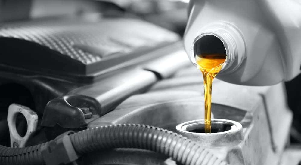 A close up shows oil being poured into an engine.