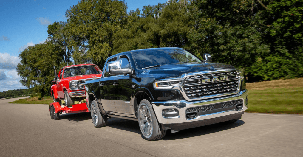 Ram 1500 towing classic pickup on open road