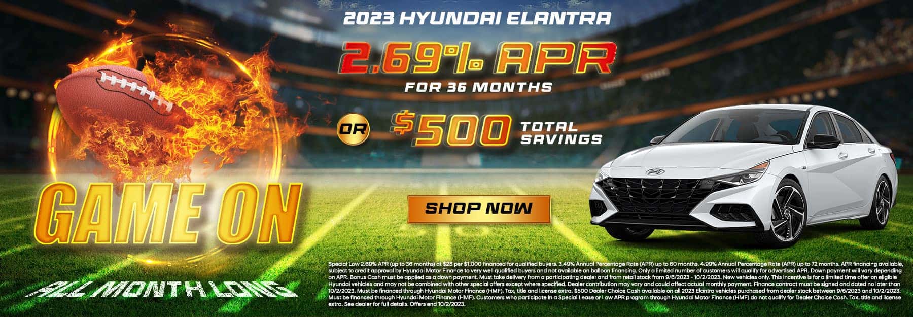 2.69% APR for 36 months OR $500 total savings on 2023 Hyundai Elantra