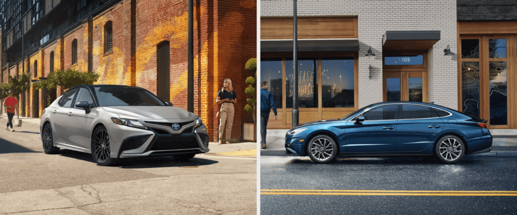 Beige Toyota Camry vs. blue Hyundai Sonata