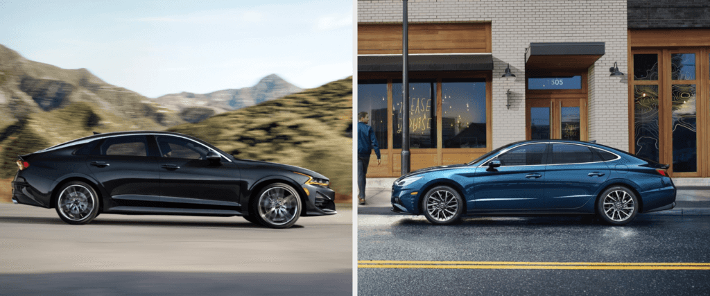 Black Kia K5 vs. blue Hyundai Sonata