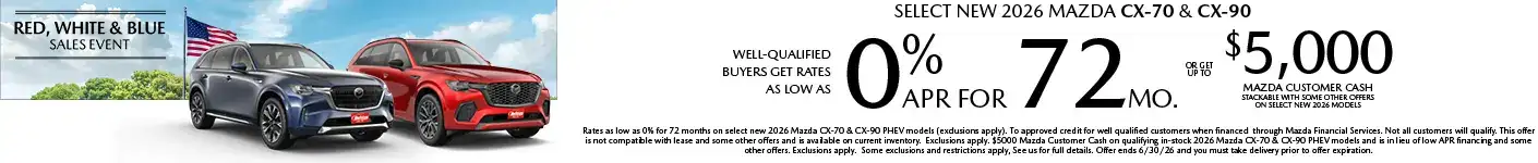 Well-qualified buyers get rates as low as 0% APR for 72 months OR get up to $5,000 Mazda Customer Cash stackable with other offers on Select New Mazda CX-70 or Mazda CX-90 models, when financed through Mazda Financial Services. Not all customers will qualify for credit approval or the advertised APR. Amount of down payment and other factors may affect qualification. This offer is not compatible with lease and some other offers. Available on current inventory. Offer ends 6/03/2026.