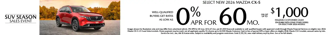 Well-qualified buyers get rates as low as 0% APR for 60 months plus $1,000 Mazda customer cash on Select New Mazda CX-5 models, when financed through Mazda Financial Services. Not all customers will qualify for credit approval or the advertised APR. Amount of down payment and other factors may affect qualification. This offer is not compatible with lease and some other offers. Available on current inventory. Offer ends 9/30/2026.