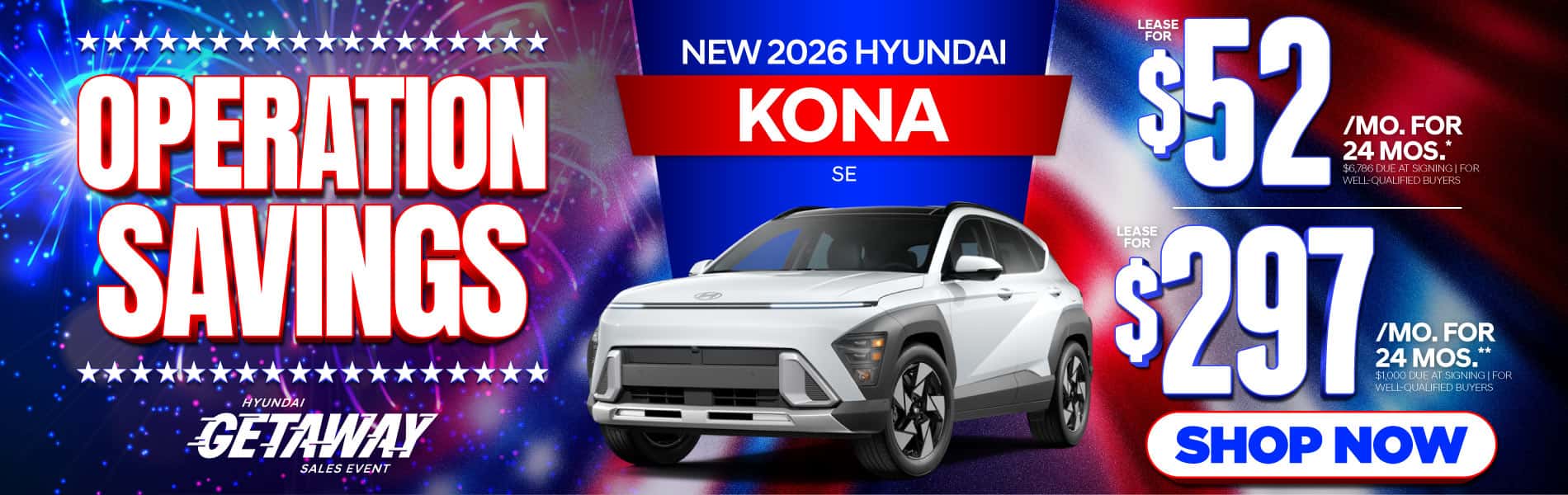 New 2026 Hyundai Kona SE "Lease for $52/Mo for 24 Months* $6,786 Due At Signing | For Well-Qualified Buyers Lease for $297/Mo for 24 Months** $1,000 Due At Signing | For Well-Qualified Buyers"