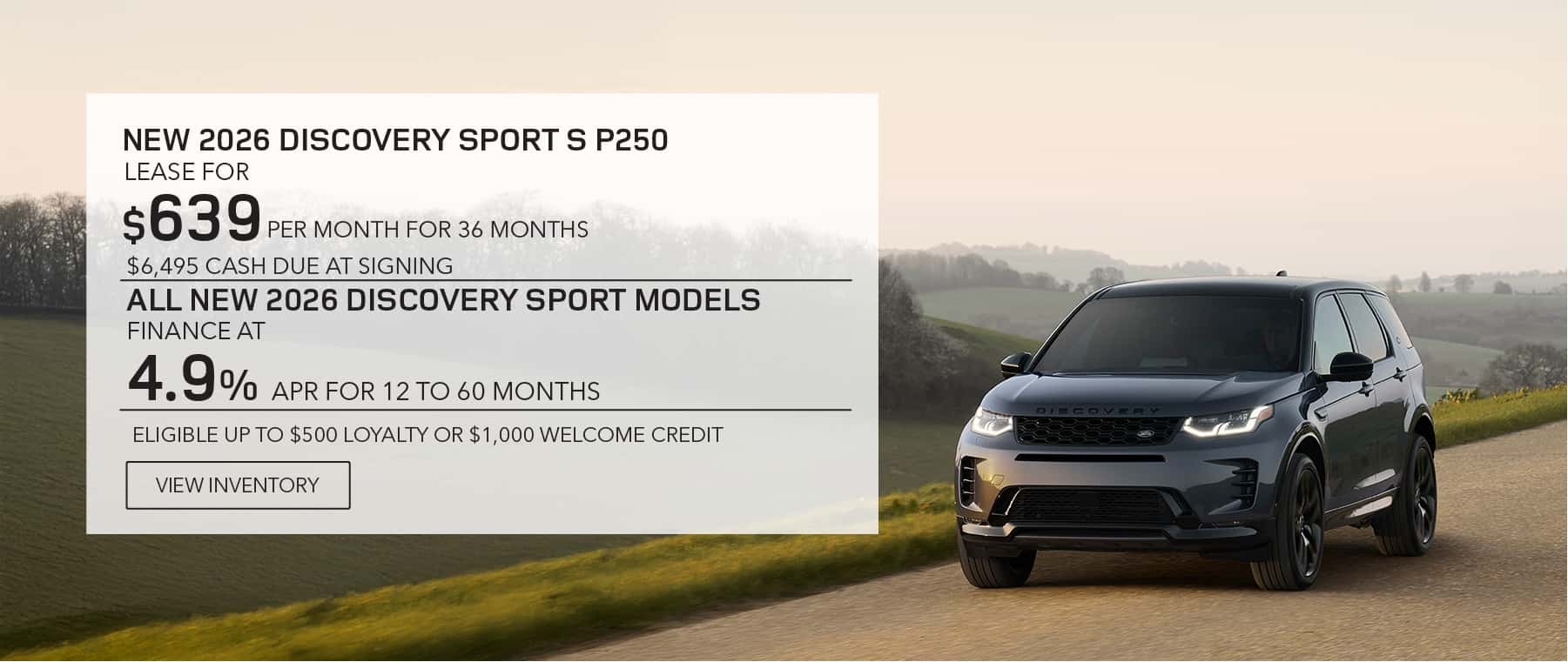 New 2026 Discovery Sport lease, apr, and loyalty offer for July 2026