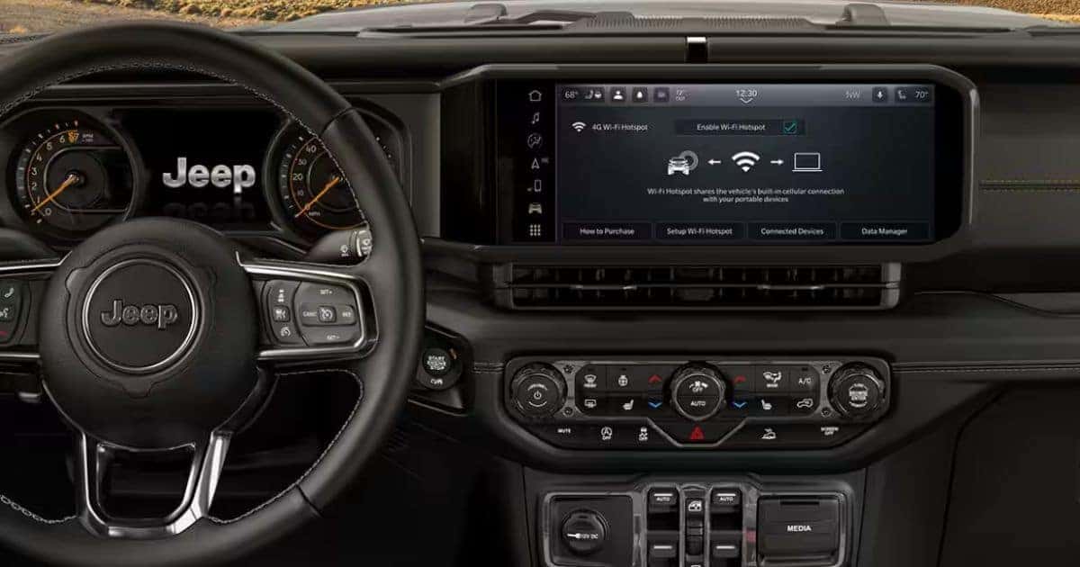 The 12.3-inch touchscreen and 7-inch digital cluster display in the 2026 Jeep Wrangler