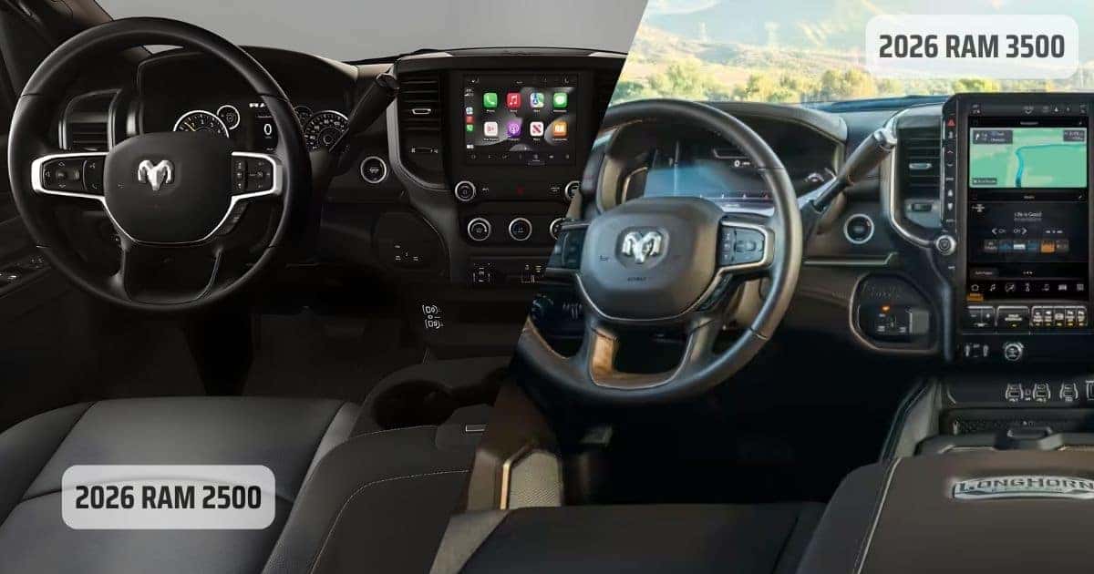The interior and tech features of the 2026 RAM 2500 and RAM 3500