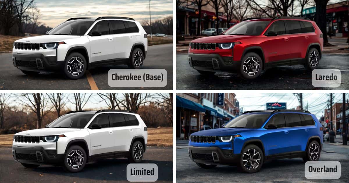 The four trims of the new 2026 Jeep Cherokee for sale at Lucas Smith Chrysler Center