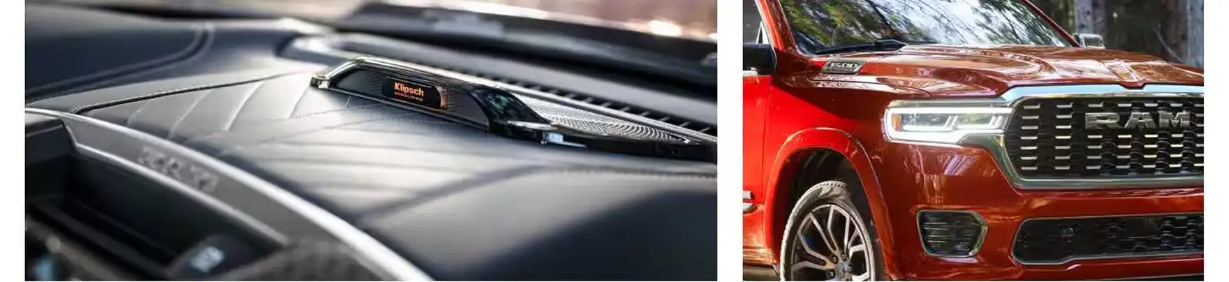 Klipsch dashboard speaker grille beside the front grille and headlamp of a red RAM 1500