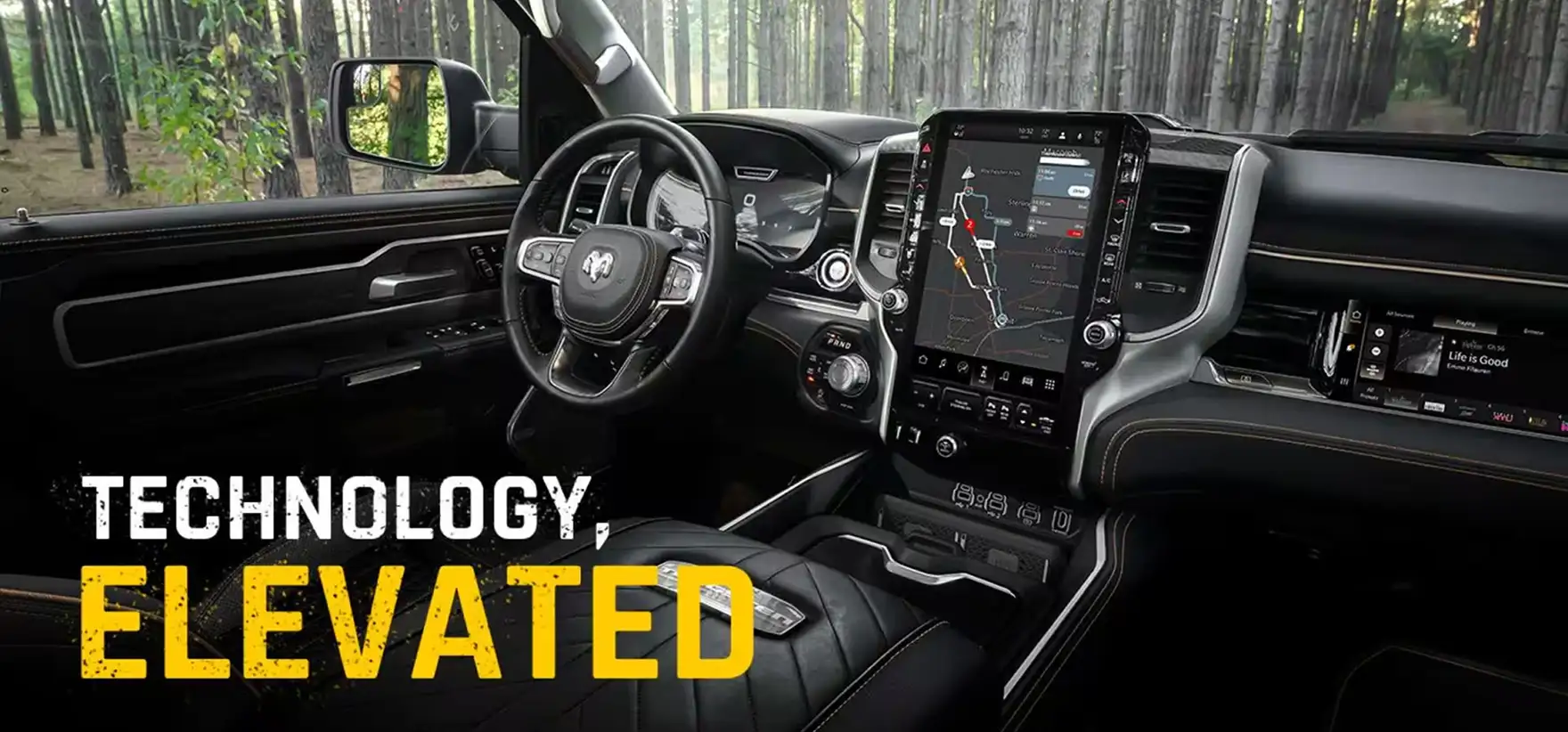 RAM 1500 cockpit with the vertical Uconnect touchscreen showing navigation beneath the headline Technology, Elevated