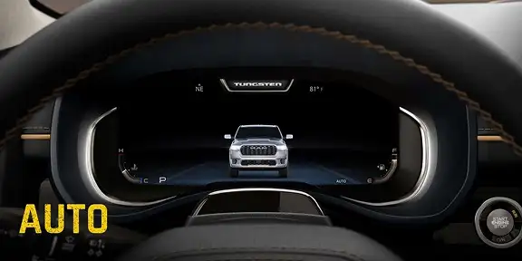 RAM digital cluster display showing the truck graphic with Auto drive mode selected