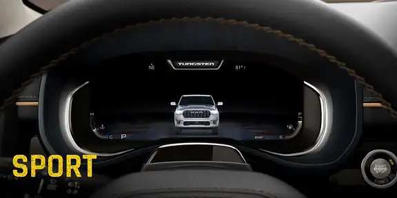 RAM digital cluster display showing the truck graphic with Sport drive mode selected