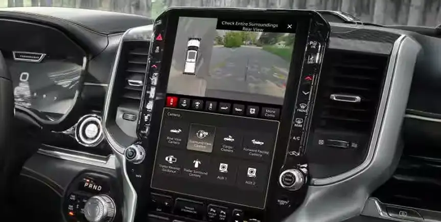 RAM 1500 center touchscreen displaying the 360-degree bird&rsquo;s-eye camera view