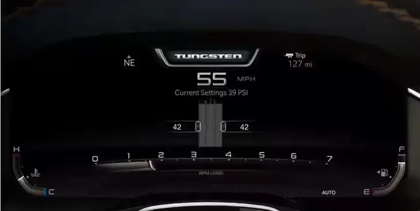 RAM Tungsten digital cluster showing trailer status information while towing