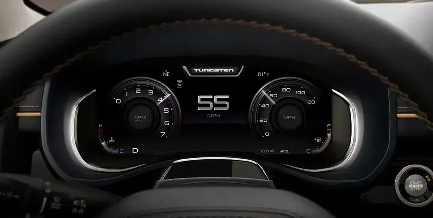 12-inch RAM digital cluster display showing speed and vehicle information behind the steering wheel