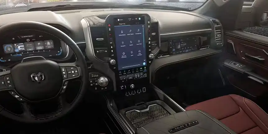 14.5-inch Uconnect touchscreen and dashboard controls in the RAM 1500 Tungsten