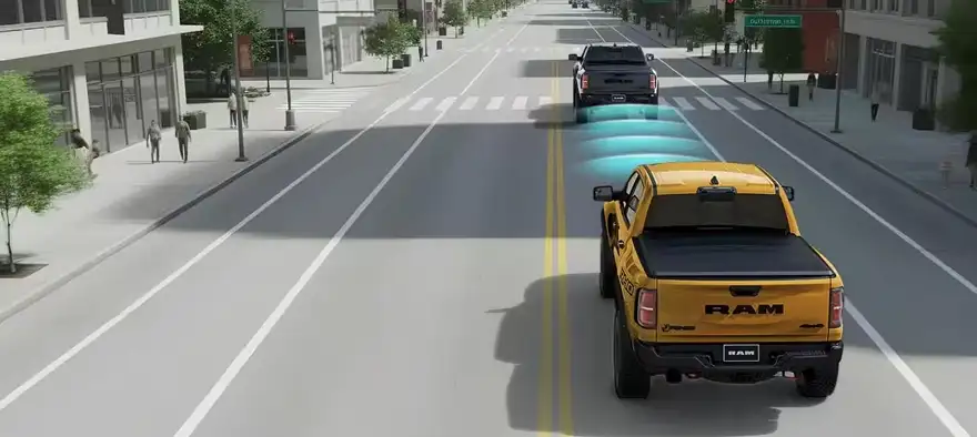 Illustration of a yellow RAM 1500 steering into an adjacent lane to avoid vehicles ahead