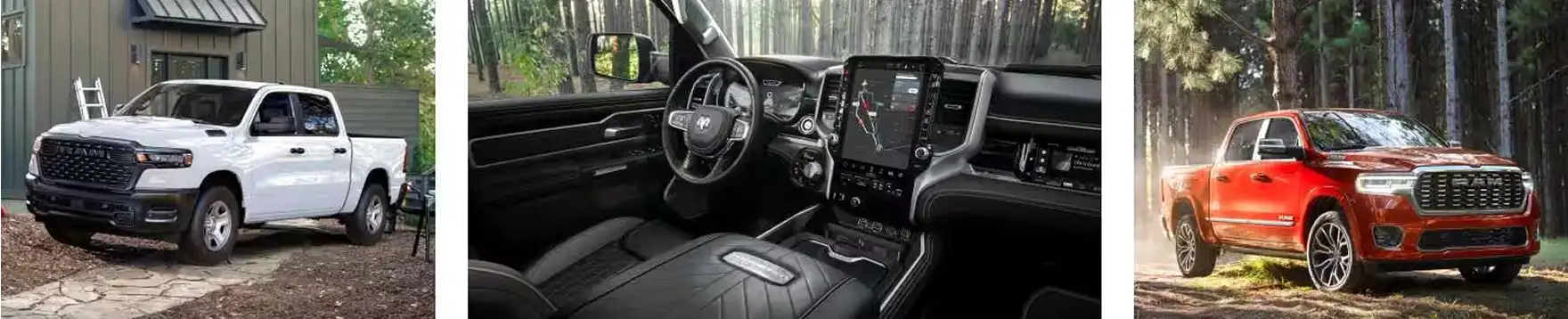 Three views of the 2027 RAM 1500: a white crew cab parked outside a home, the black leather cabin with its vertical touchscreen, and a red pickup on a forest trail