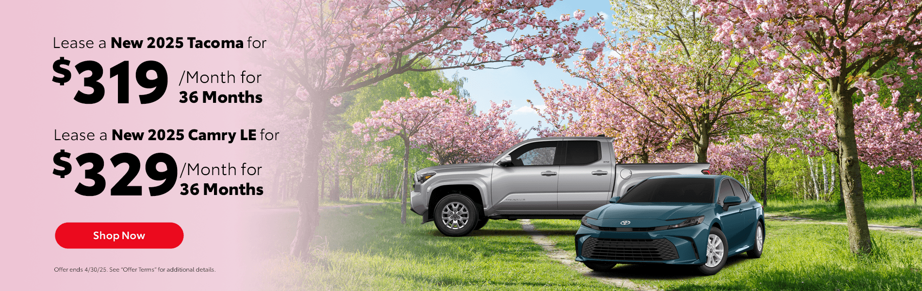 Lease a New 2025 Tacoma for $319/mo for 36 Months Subtext ( no change) Lease a New 2025 Camry LE for $329/mo for 36 Months
