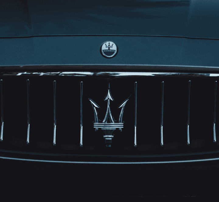 Closeup view of a Maserati grille