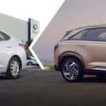 A new and a used Hyundai parked next to each other.