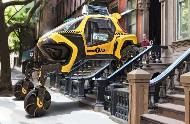 Hyundai Elevate Walking Car concept illustration on street and sidewalk
