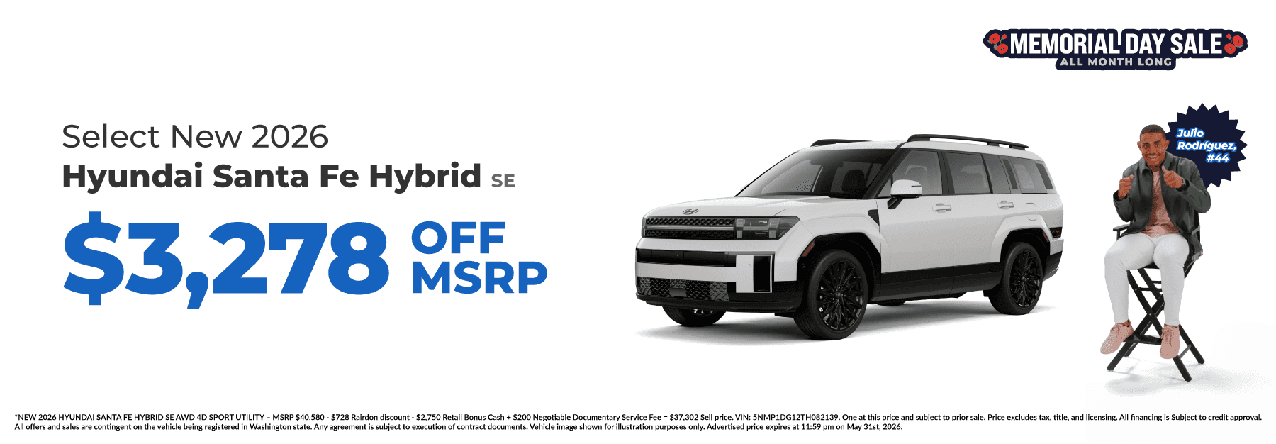 Get $3,278 off MSRP on Select New 2026 Hyundai Santa Fe Hybrid SE