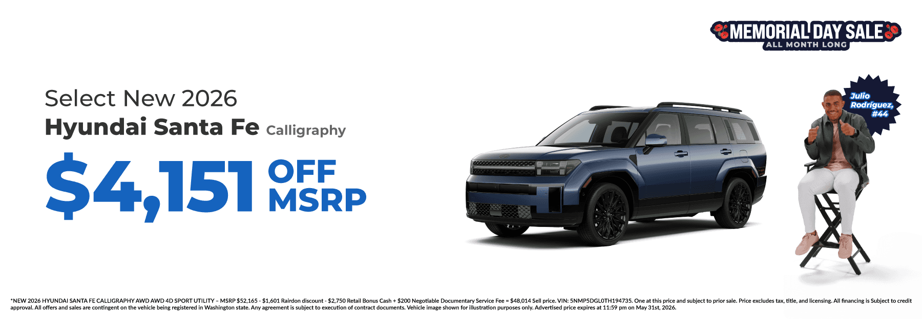 Get $4,151 off MSRP on Select New 2026 Hyundai Santa Fe Calligraphy