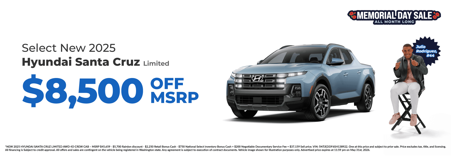 Get $8,500 off MSRP on Select New 2025 Hyundai Santa Cruz Limited