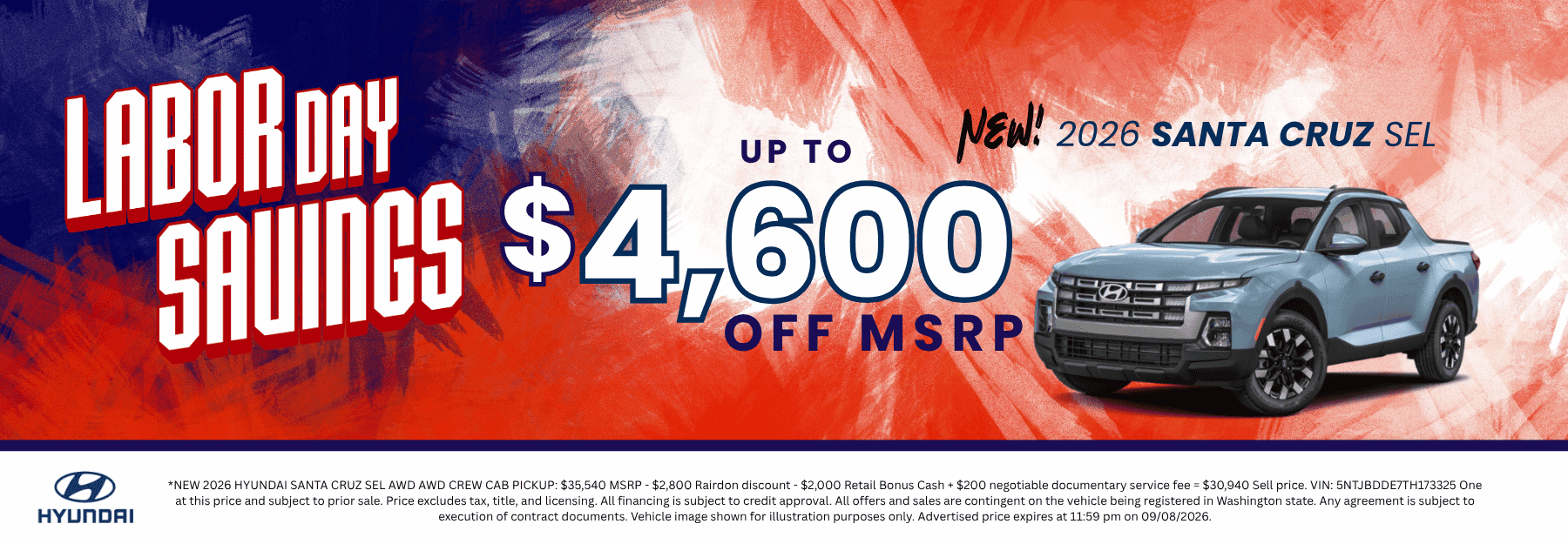 $4,600 off MSRP* on New 2026 Hyundai Santa Cruz SEL