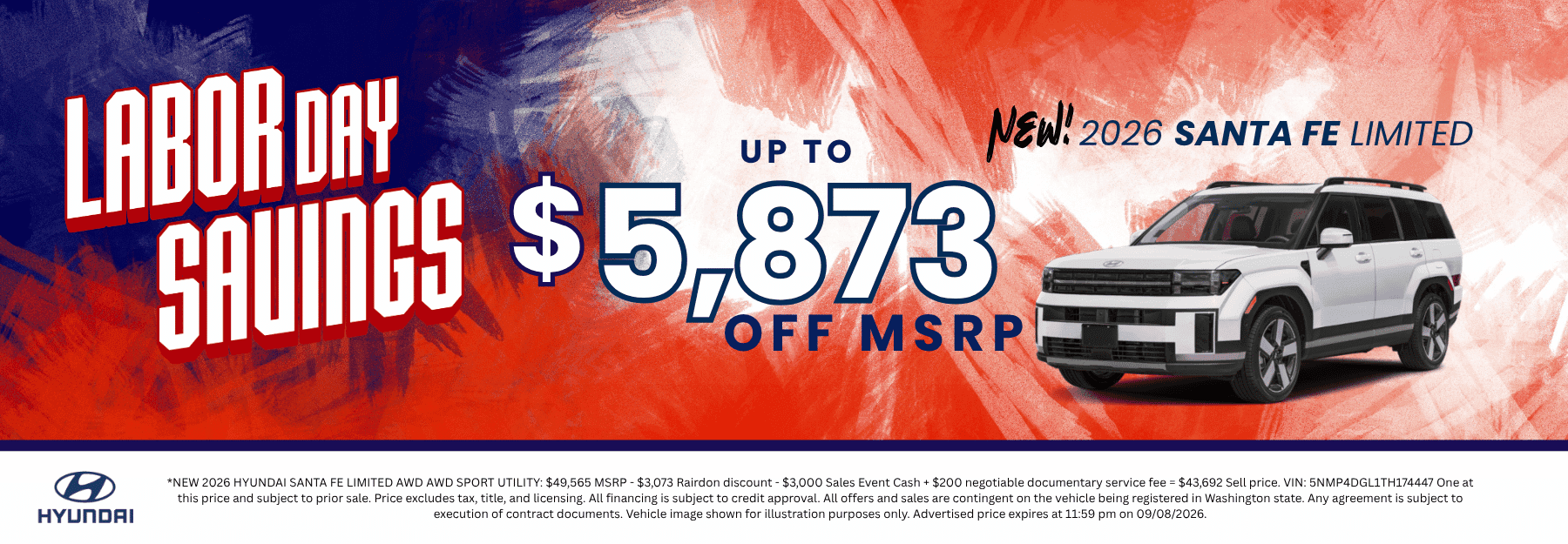 $5,873 off MSRP* on New 2026 Hyundai Santa Fe Limited