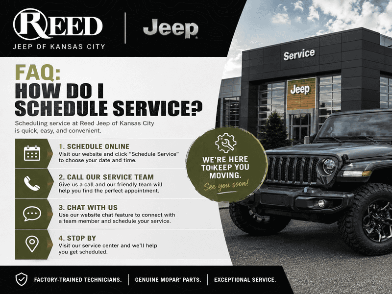 Reed CDJR of Kansas City service graphic showing how to schedule Chrysler, Dodge, Jeep, and Ram service near Olathe