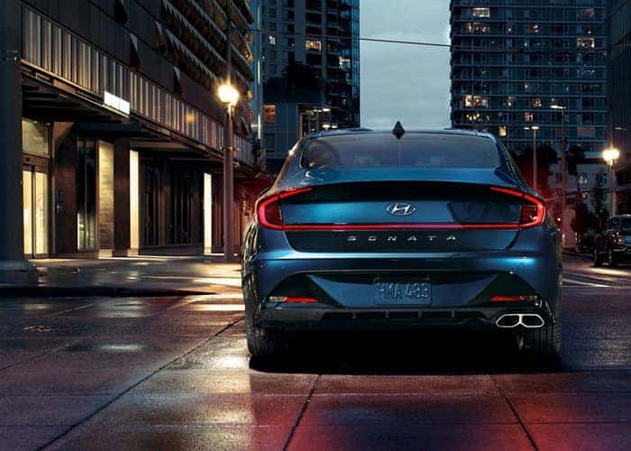 Rear view of blue 2022 Hyundai Sonata