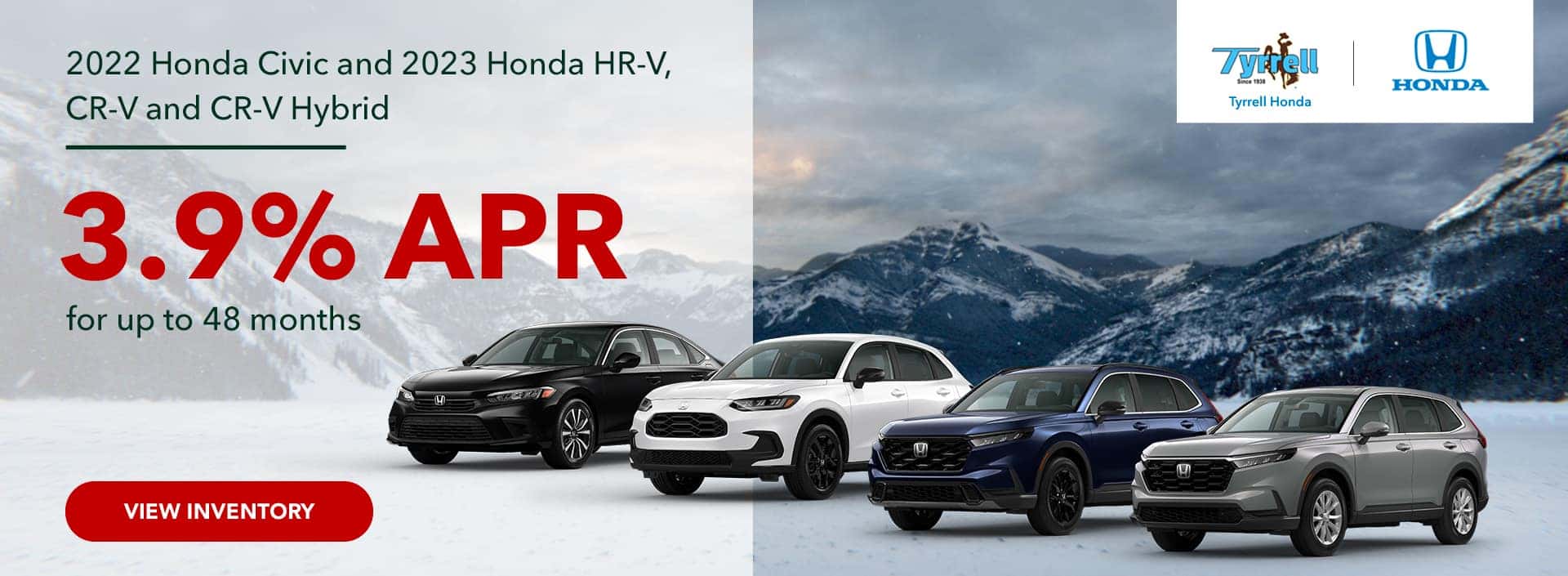2022 Honda Civic and 2023 Honda HR-V, CR-V and CR-V Hybrid 3.9% APR for up to 48 months
