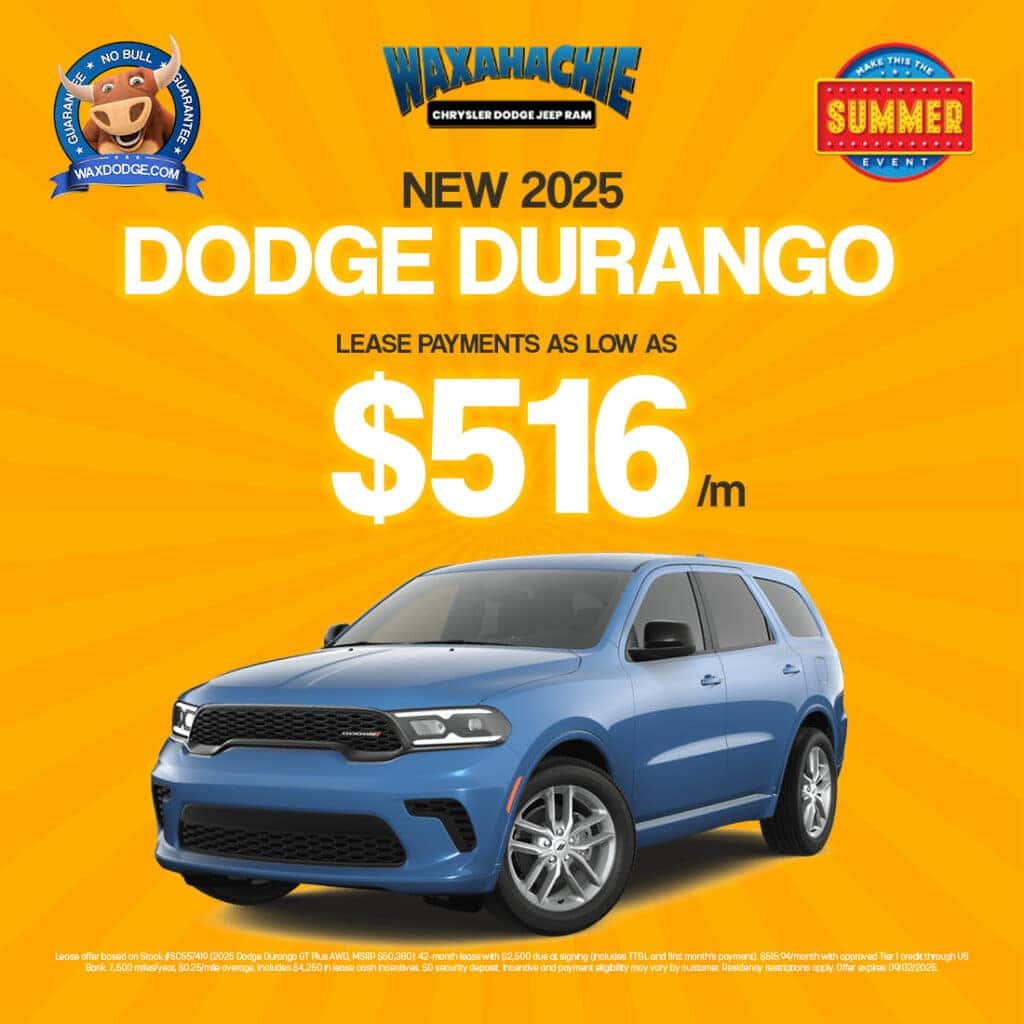 2025 Dodge Durango GT Plus AWD lease as low as $516/month during the Summer Event at Waxahachie Chrysler Dodge Jeep Ram.