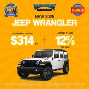 2025 Jeep Wrangler lease as low as $314/month or more than 12% off MSRP during the Make This the Summer Event at Waxahachie Chrysler Dodge Jeep Ram.