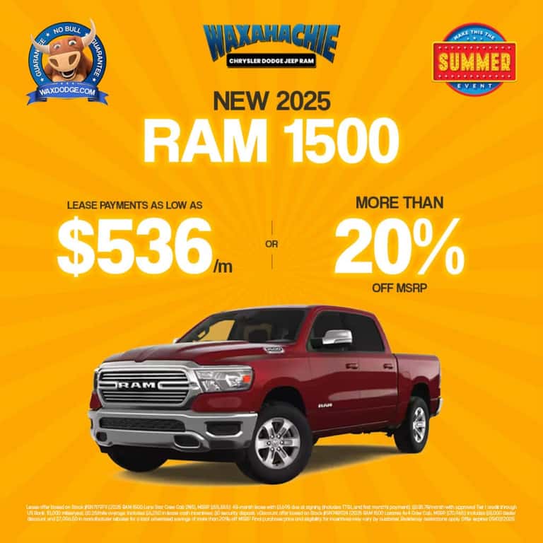 2025 Ram 1500 truck lease as low as $536/month or more than 20% off MSRP during the Make This the Summer Event at Waxahachie Chrysler Dodge Jeep Ram.