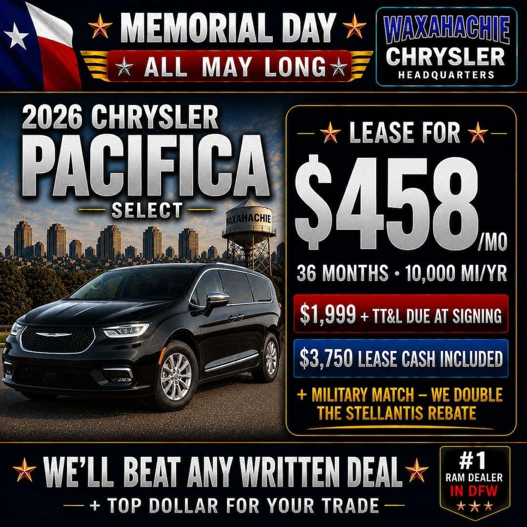 2026 Chrysler Pacifica Select Memorial Day square ad featuring a $458 per month lease offer at Waxahachie Dodge Chrysler Jeep Ram.