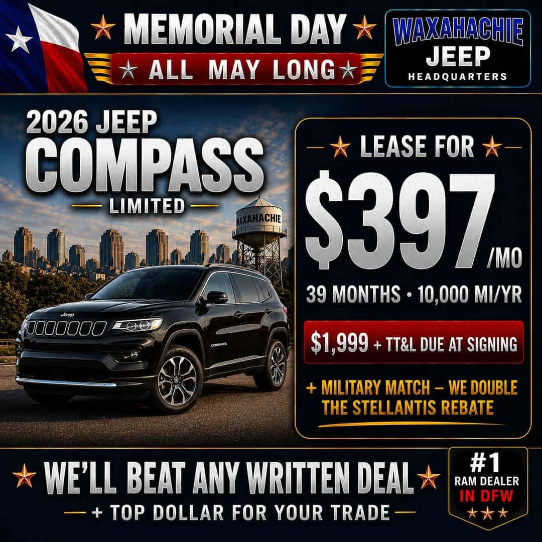 2026 Jeep Compass Limited Memorial Day square ad featuring a $397 per month lease offer at Waxahachie Dodge Chrysler Jeep Ram.