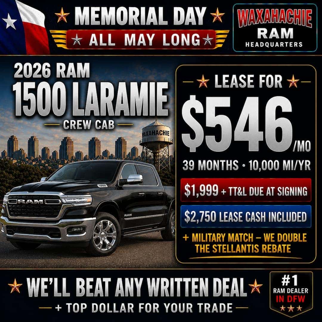 2026 Ram 1500 Laramie Crew Cab Memorial Day square ad featuring a $546 per month lease offer at Waxahachie Dodge Chrysler Jeep Ram.