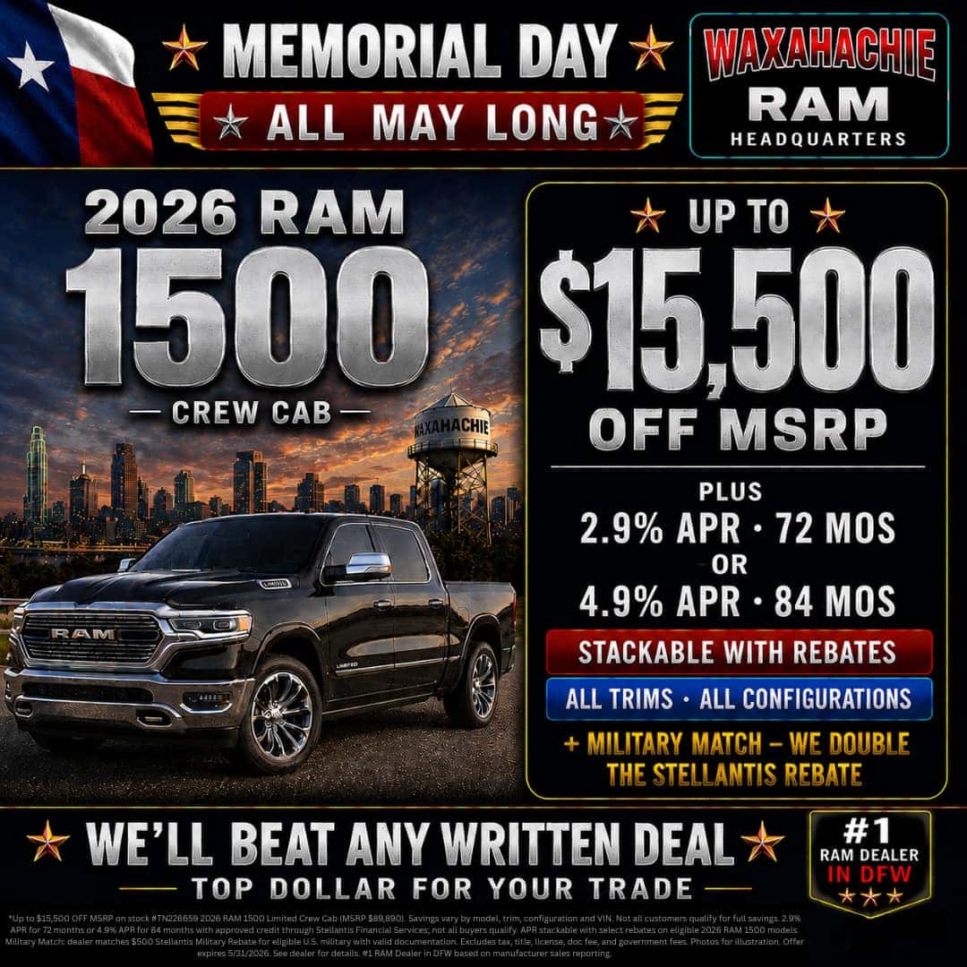 2026 Ram 1500 Crew Cab Memorial Day Square Ad $15,500 Off MSRP