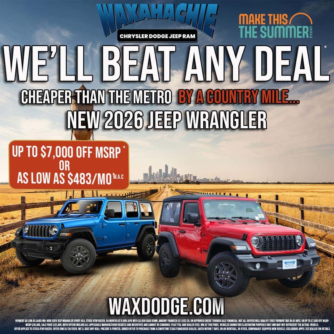 2026 Jeep Wrangler two-door and four-door at Waxahachie Chrysler Dodge Jeep Ram, We'll Beat Any Deal